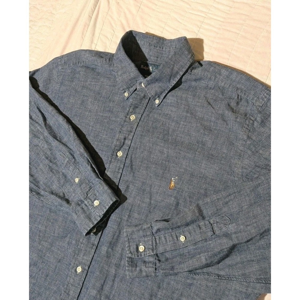 Vtg Ralph Lauren Indigo Chambray Button Shirt Flesh Pony Classic Fit Mens 2XB